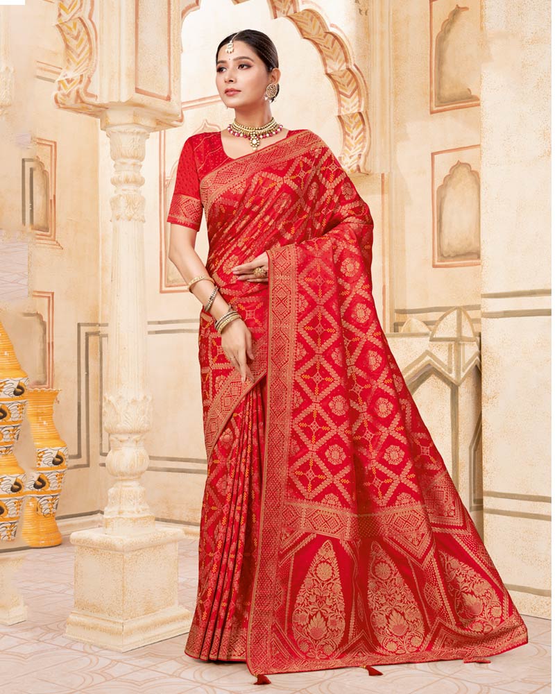Vishal Prints Dark Red Designer Art Silk Weaving Saree With Diamond Work And Tassel