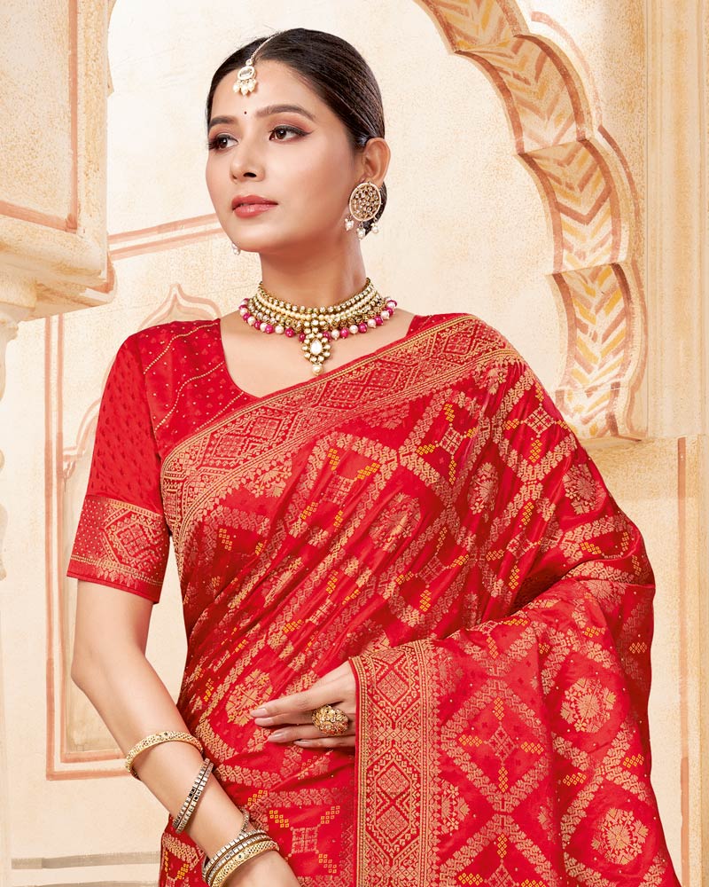 Vishal Prints Dark Red Designer Art Silk Weaving Saree With Diamond Work And Tassel