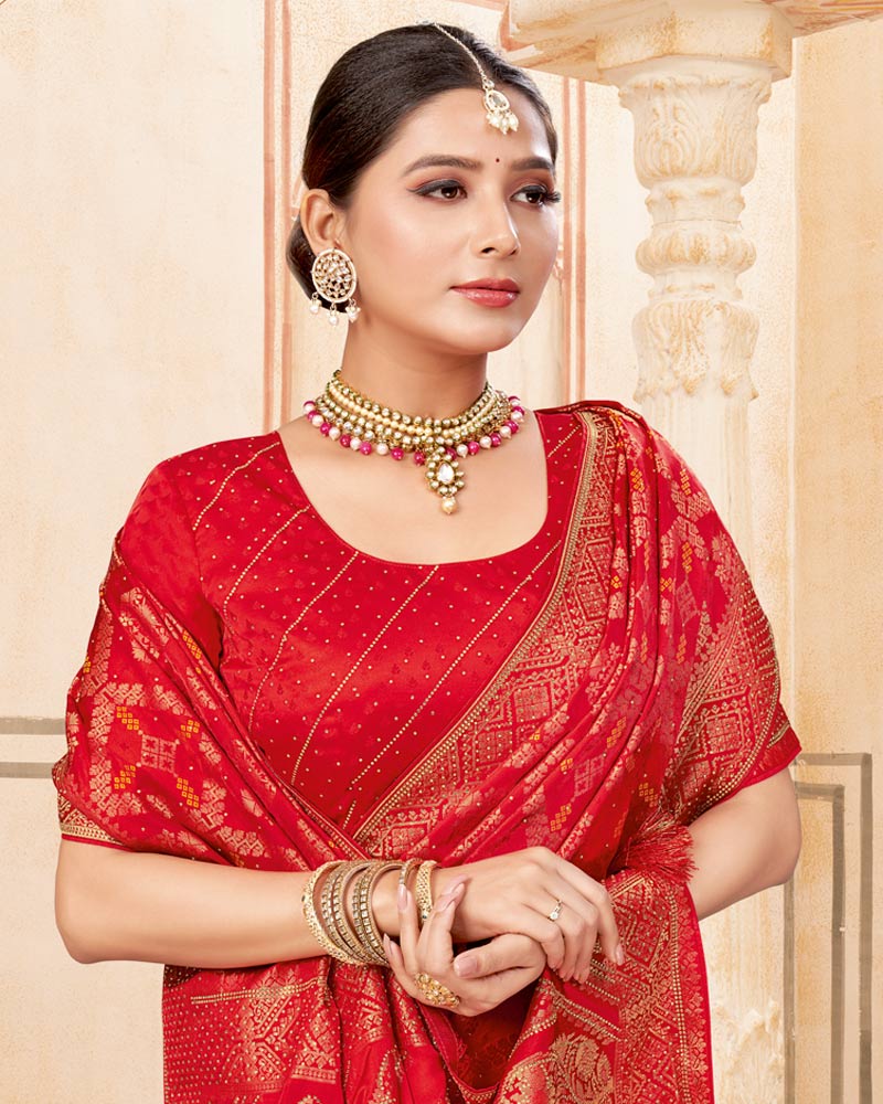 Vishal Prints Dark Red Designer Art Silk Weaving Saree With Diamond Work And Tassel