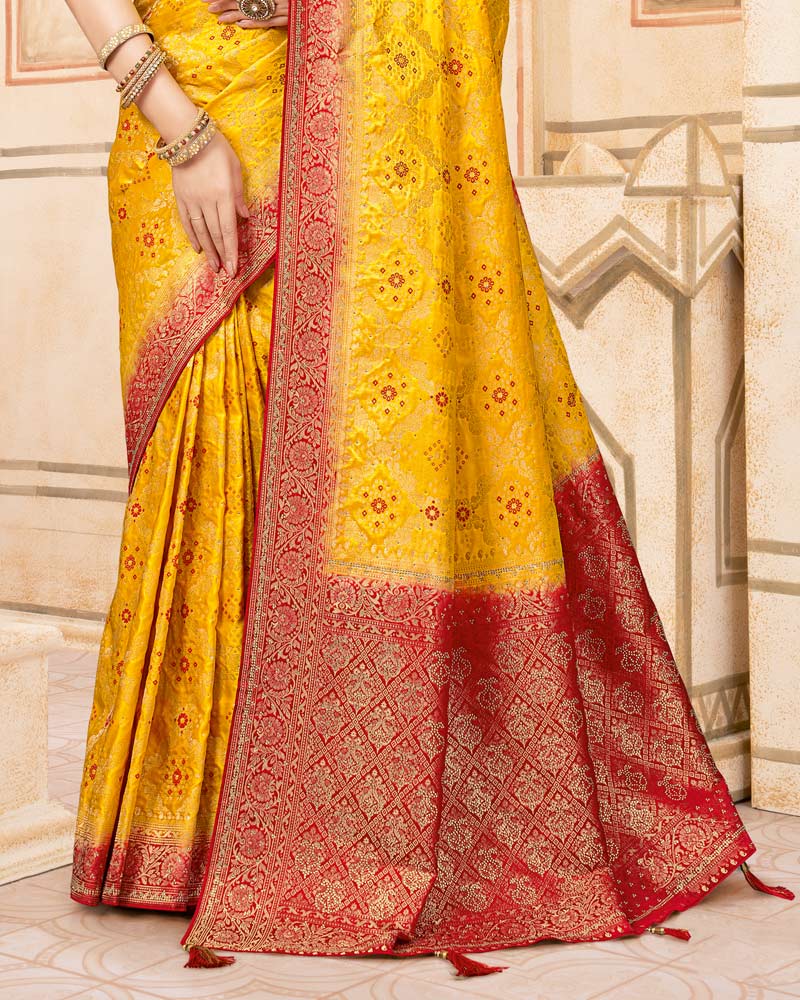 Vishal Prints Golden Yellow Designer Art Silk Weaving Saree With Diamond Work And Tassel
