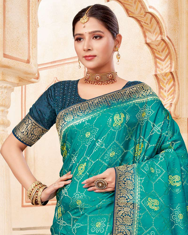Vishal Prints Teal Green Designer Art Silk Weaving Saree With Diamond Work And Tassel