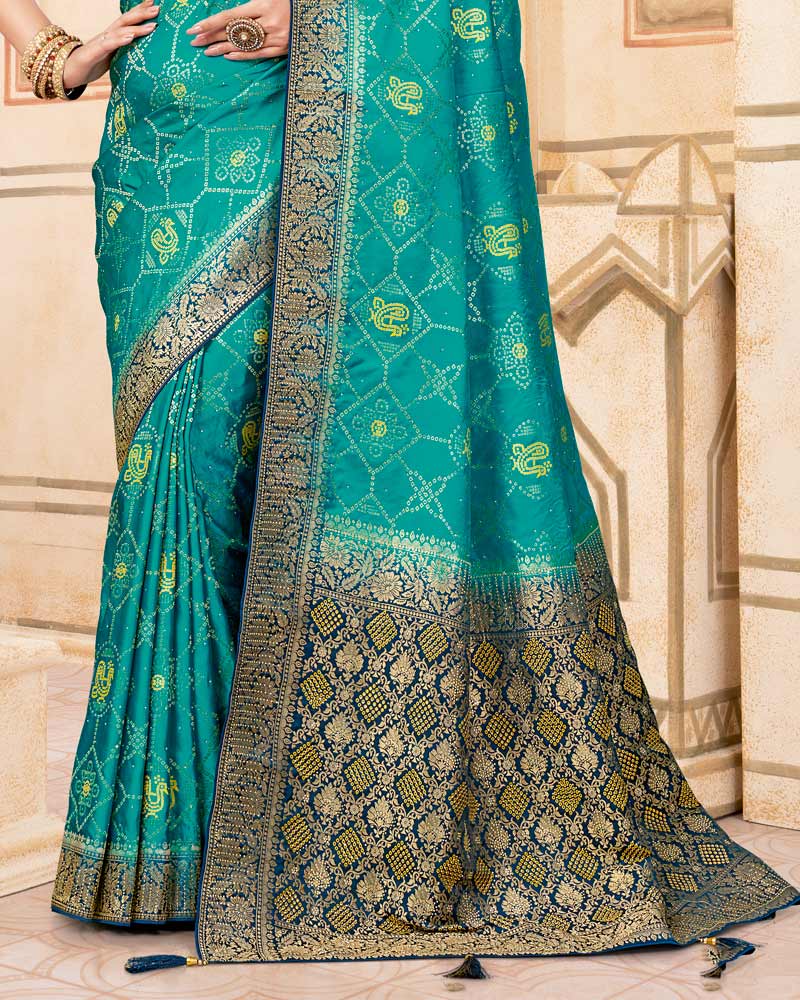 Vishal Prints Teal Green Designer Art Silk Weaving Saree With Diamond Work And Tassel
