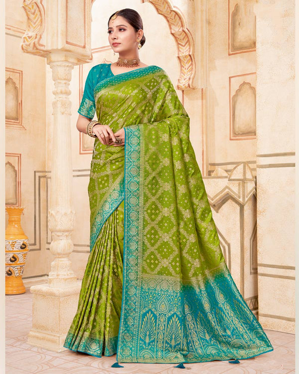 Vishal Prints Mehandi Green Designer Art Silk Weaving Saree With Diamond Work And Tassel