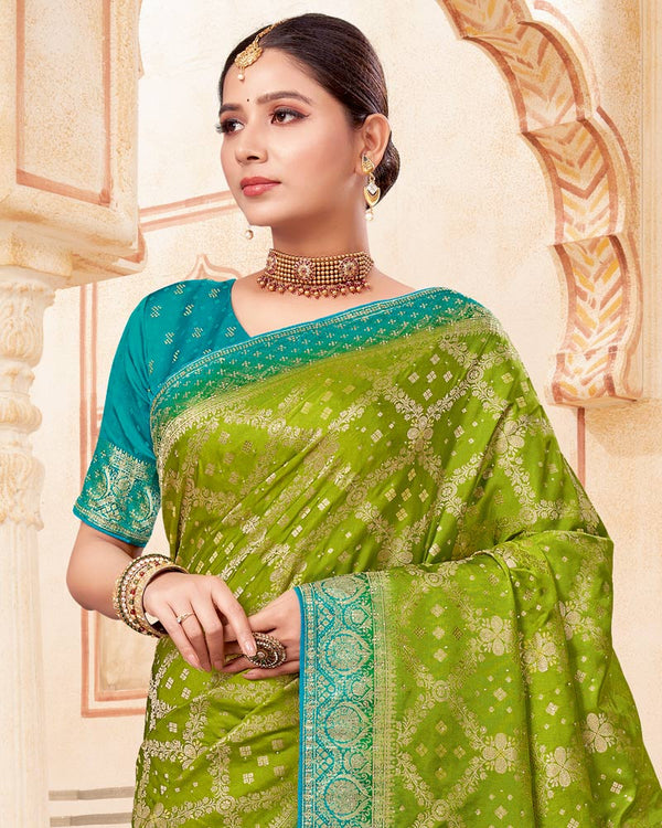 Vishal Prints Mehandi Green Designer Art Silk Weaving Saree With Diamond Work And Tassel