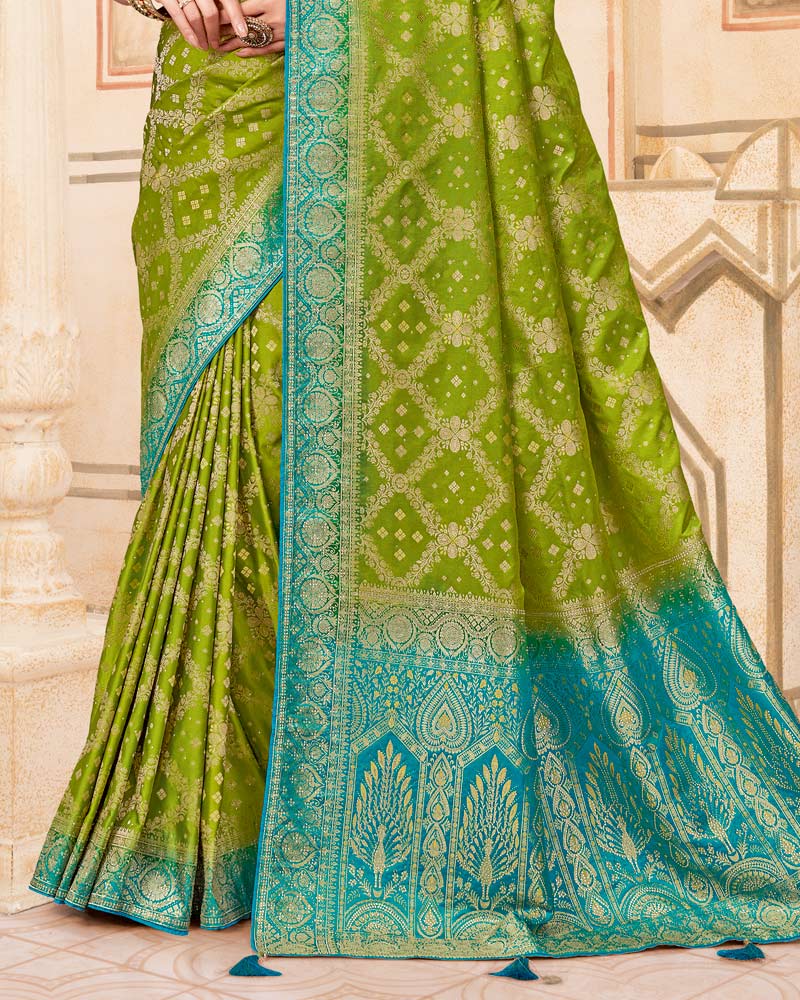 Vishal Prints Mehandi Green Designer Art Silk Weaving Saree With Diamond Work And Tassel