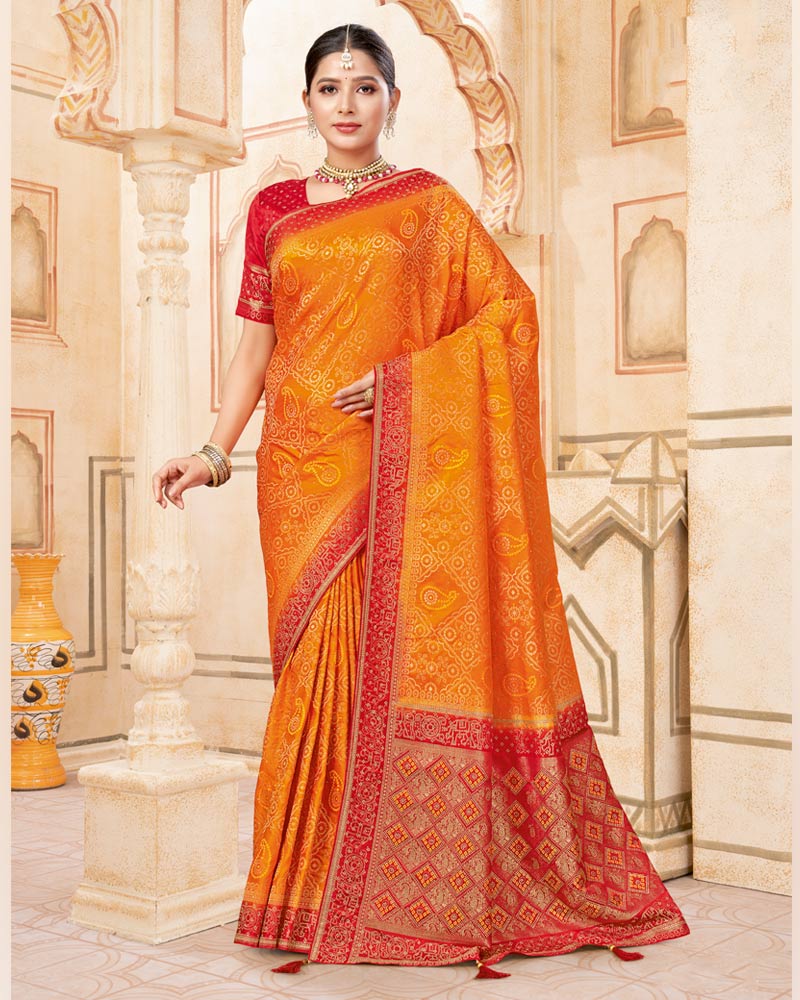 Vishal Prints Pumpkin Orange Designer Art Silk Weaving Saree With Diamond Work And Tassel