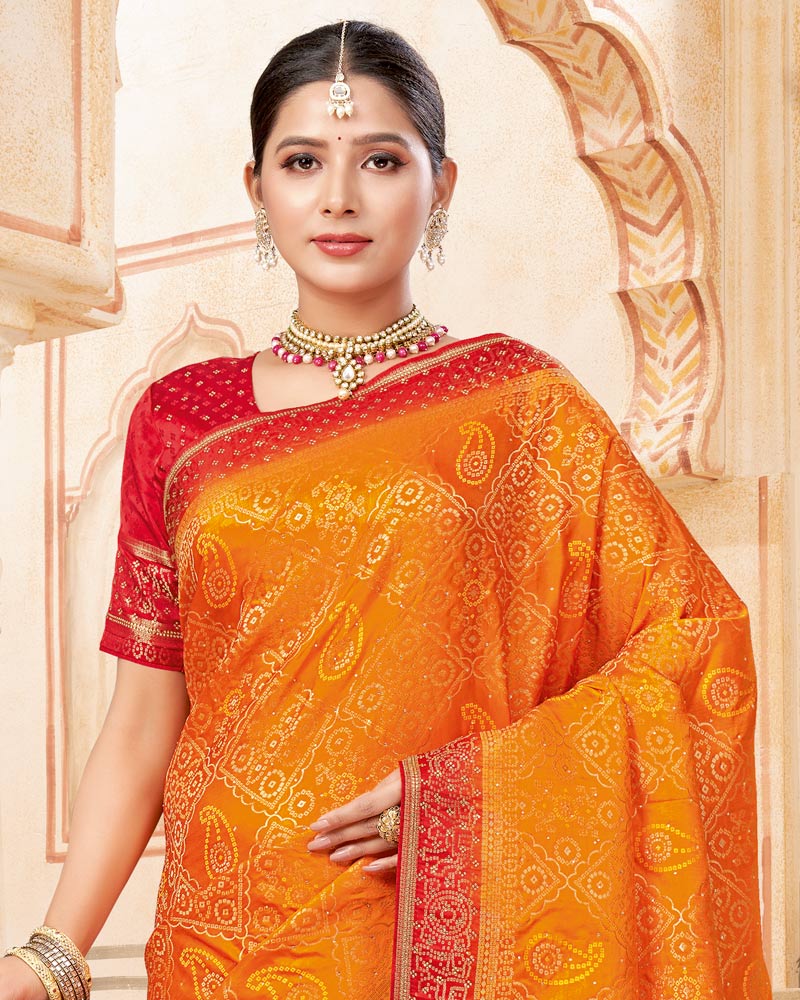 Vishal Prints Pumpkin Orange Designer Art Silk Weaving Saree With Diamond Work And Tassel