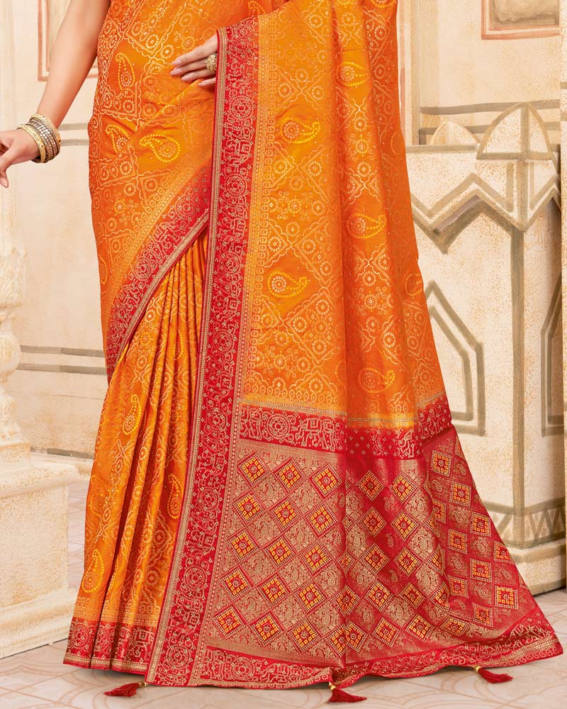 Vishal Prints Pumpkin Orange Designer Art Silk Weaving Saree With Diamond Work And Tassel
