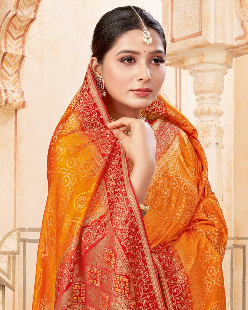 Vishal Prints Pumpkin Orange Designer Art Silk Weaving Saree With Diamond Work And Tassel
