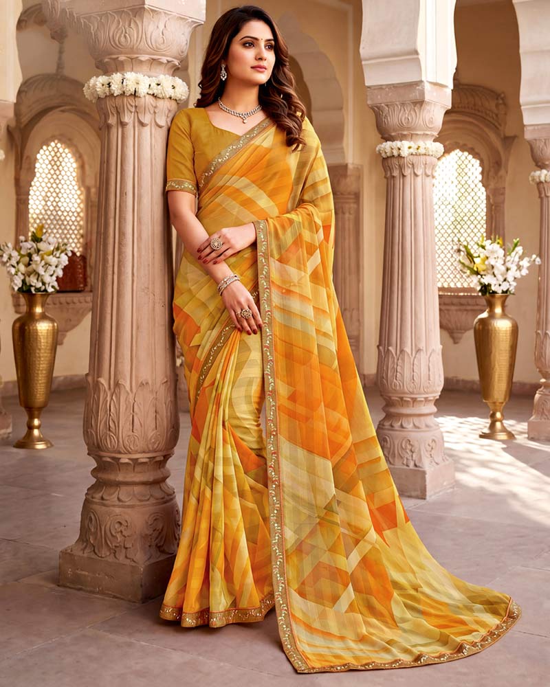 Vishal Prints Light Yellow Mustard Digital Print Chiffon Saree With Fancy Border