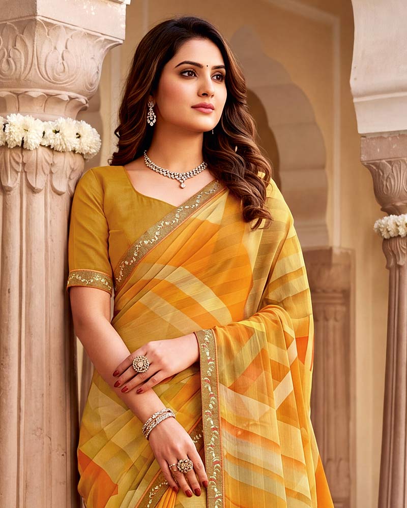 Vishal Prints Light Yellow Mustard Digital Print Chiffon Saree With Fancy Border