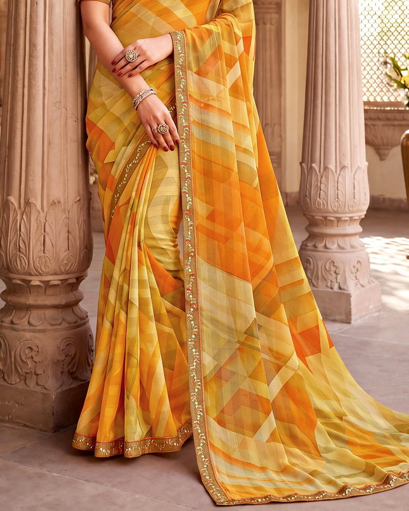 Vishal Prints Light Yellow Mustard Digital Print Chiffon Saree With Fancy Border