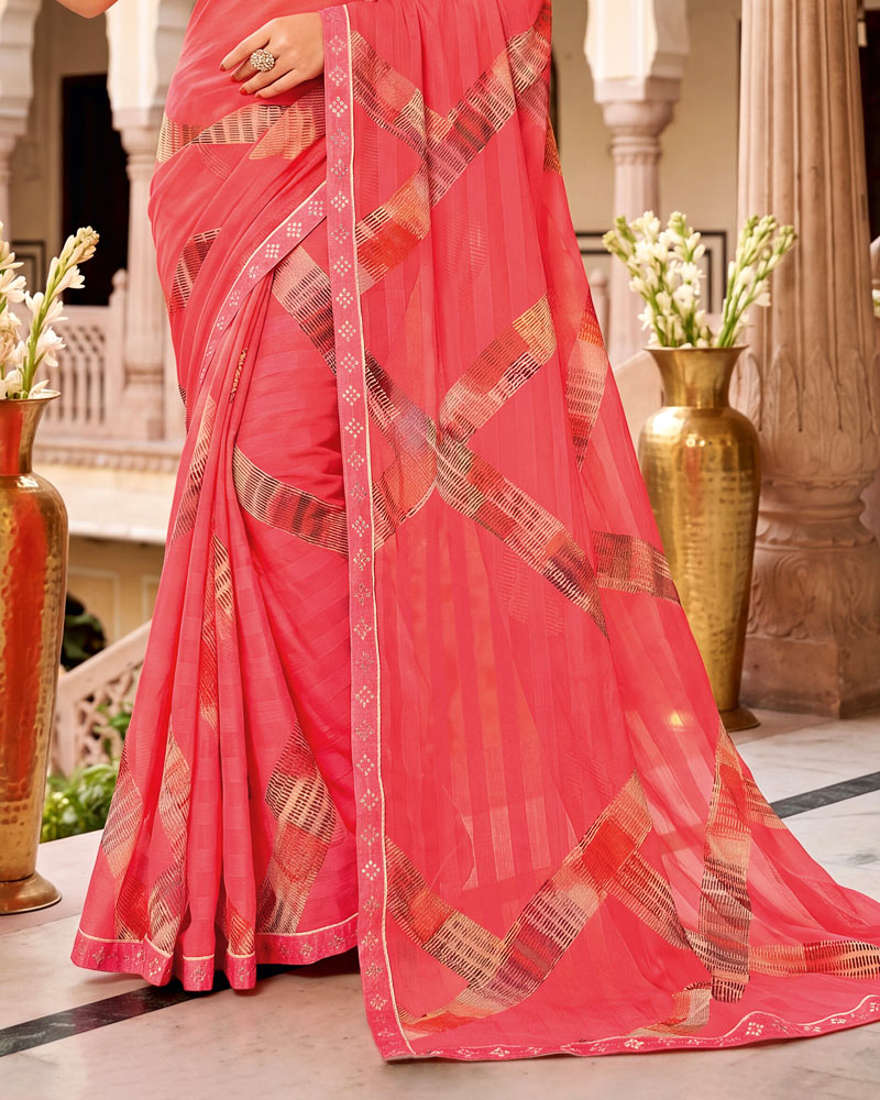Vishal Prints Fushia Peach Digital Print Chiffon Saree With Fancy Border