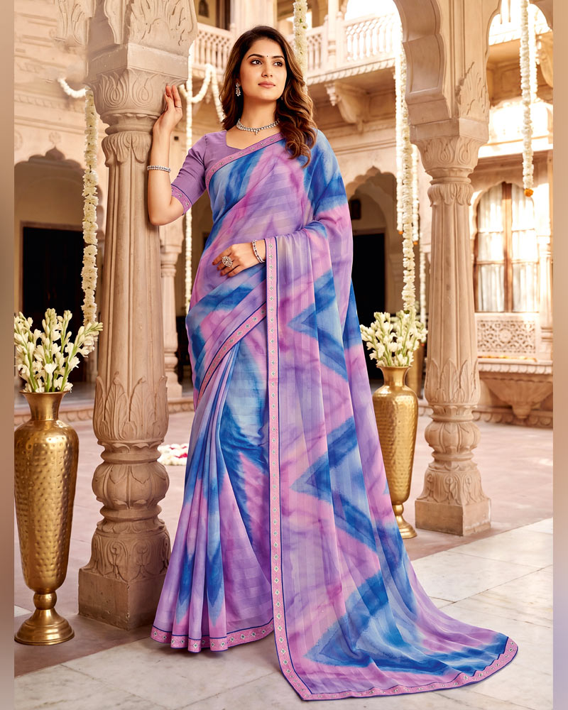 Vishal Prints Purple Electric Blue Digital Print Chiffon Saree With Fancy Border