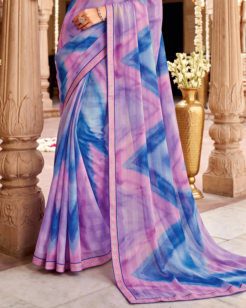Vishal Prints Purple Electric Blue Digital Print Chiffon Saree With Fancy Border