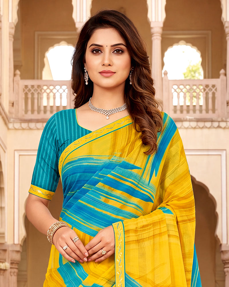 Vishal Prints Bright Yellow Digital Print Chiffon Saree With Fancy Border