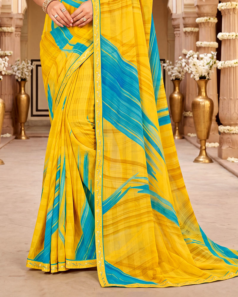 Vishal Prints Bright Yellow Digital Print Chiffon Saree With Fancy Border