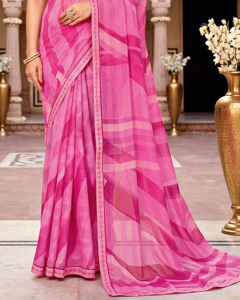 Vishal Prints Bright Pink Digital Print Chiffon Saree With Fancy Border