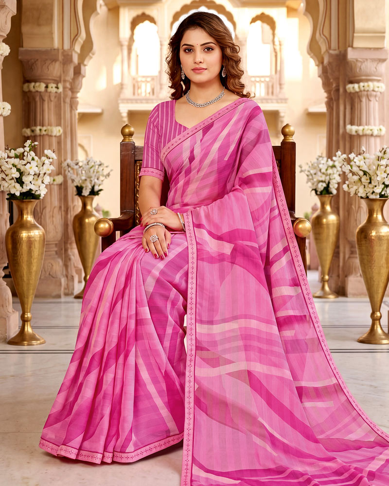 Vishal Prints Bright Pink Digital Print Chiffon Saree With Fancy Border