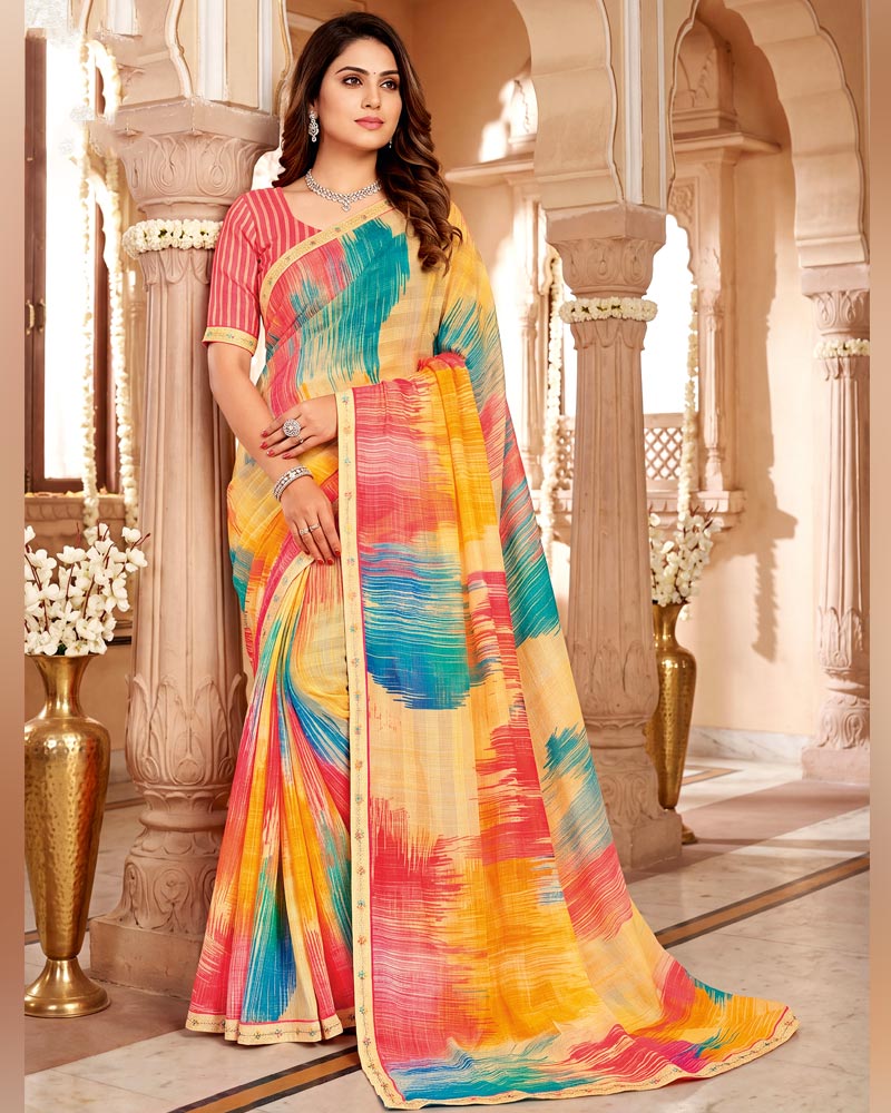 Vishal Prints Multicolour Digital Print Chiffon Saree With Fancy Border