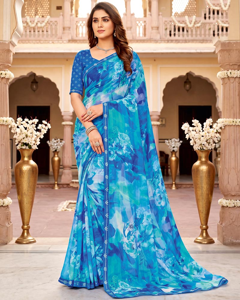 Vishal Prints Bright Blue Digital Print Chiffon Saree With Fancy Border