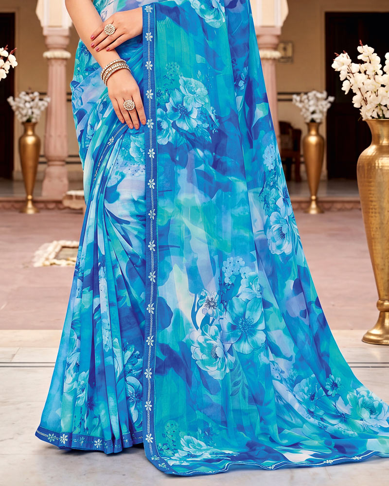 Vishal Prints Bright Blue Digital Print Chiffon Saree With Fancy Border