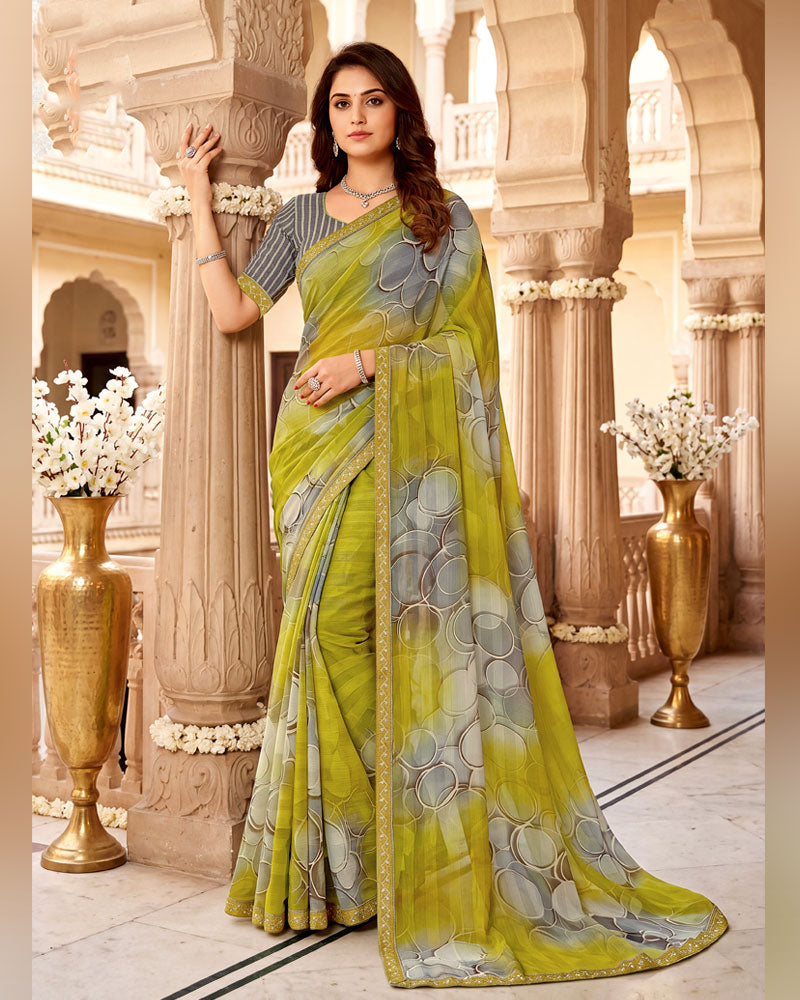 Vishal Prints Pale Green Digital Print Chiffon Saree With Fancy Border