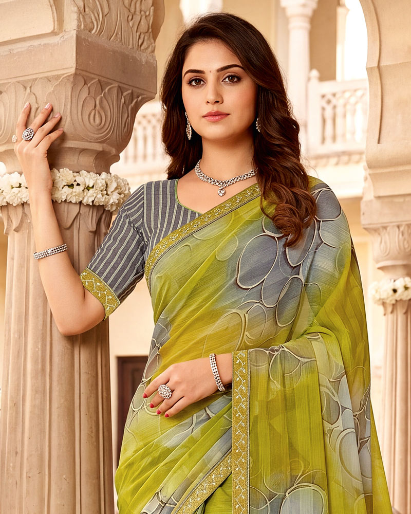 Vishal Prints Pale Green Digital Print Chiffon Saree With Fancy Border