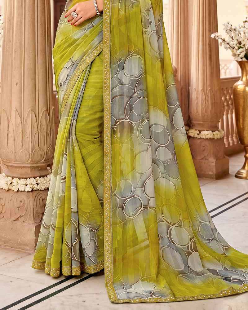 Vishal Prints Pale Green Digital Print Chiffon Saree With Fancy Border