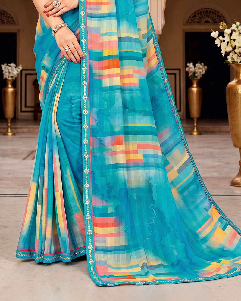 Vishal Prints Sky Blue Digital Print Chiffon Saree With Fancy Border