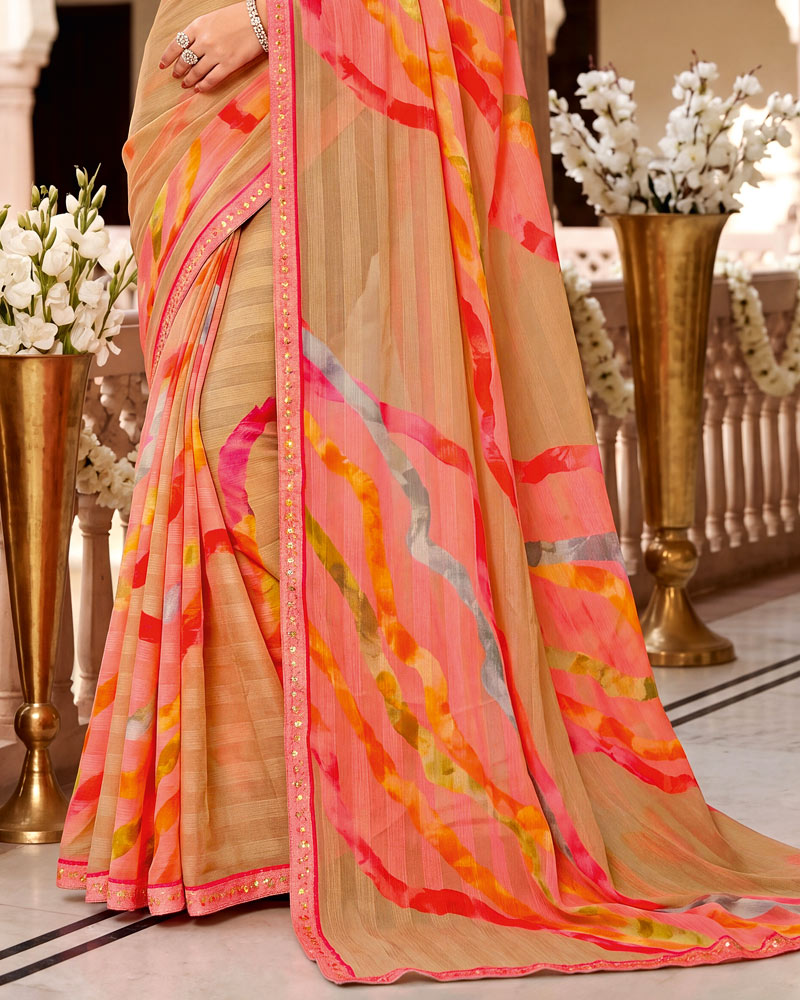 Vishal Prints Pale Brown Digital Print Chiffon Saree With Fancy Border