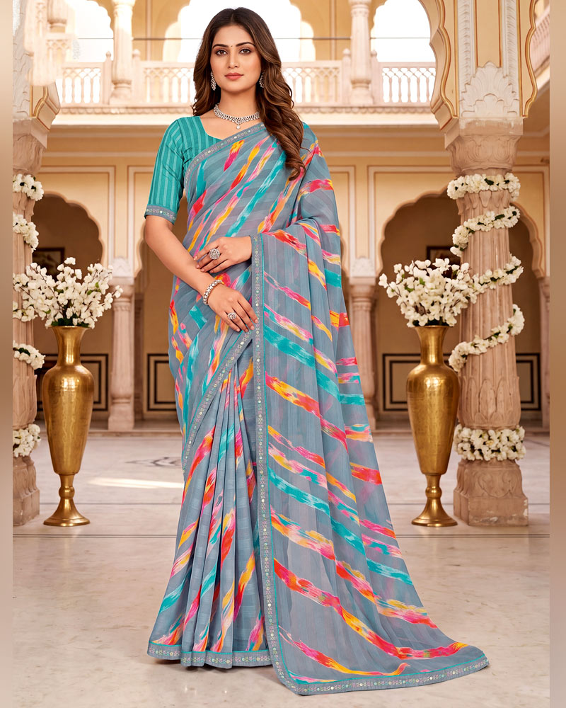 Vishal Prints Grey Digital Print Chiffon Saree With Fancy Border