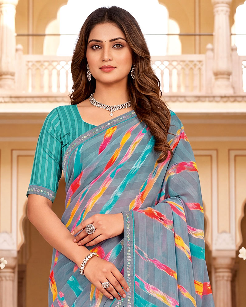 Vishal Prints Grey Digital Print Chiffon Saree With Fancy Border