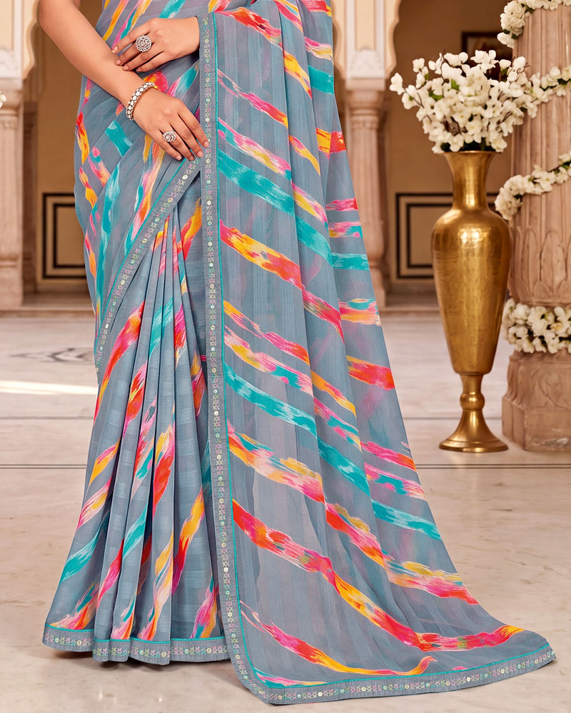 Vishal Prints Grey Digital Print Chiffon Saree With Fancy Border