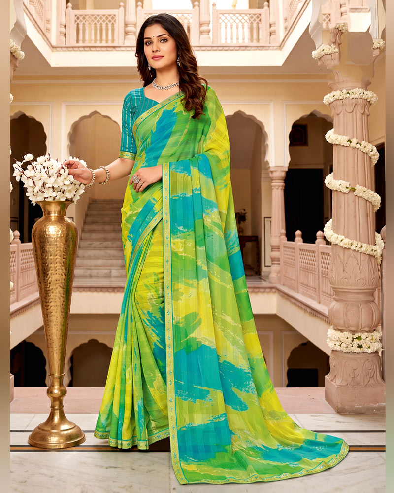 Vishal Prints Pale Yellow Digital Print Chiffon Saree With Fancy Border