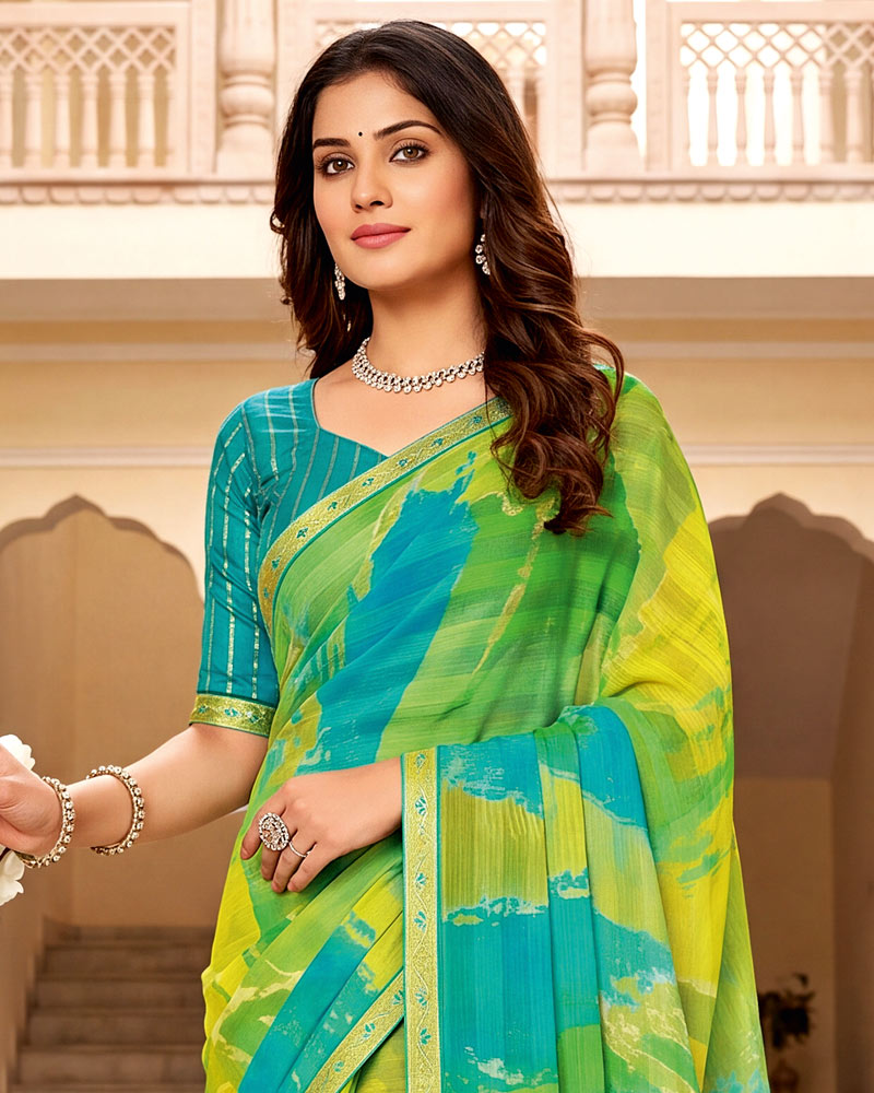 Vishal Prints Pale Yellow Digital Print Chiffon Saree With Fancy Border