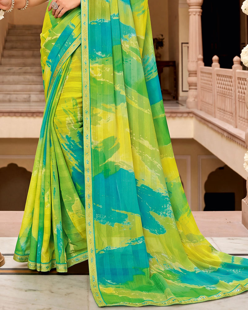 Vishal Prints Pale Yellow Digital Print Chiffon Saree With Fancy Border