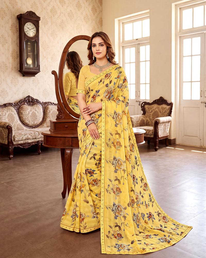 Vishal Prints Straw Yellow Digital Print Chiffon Saree With Fancy Border