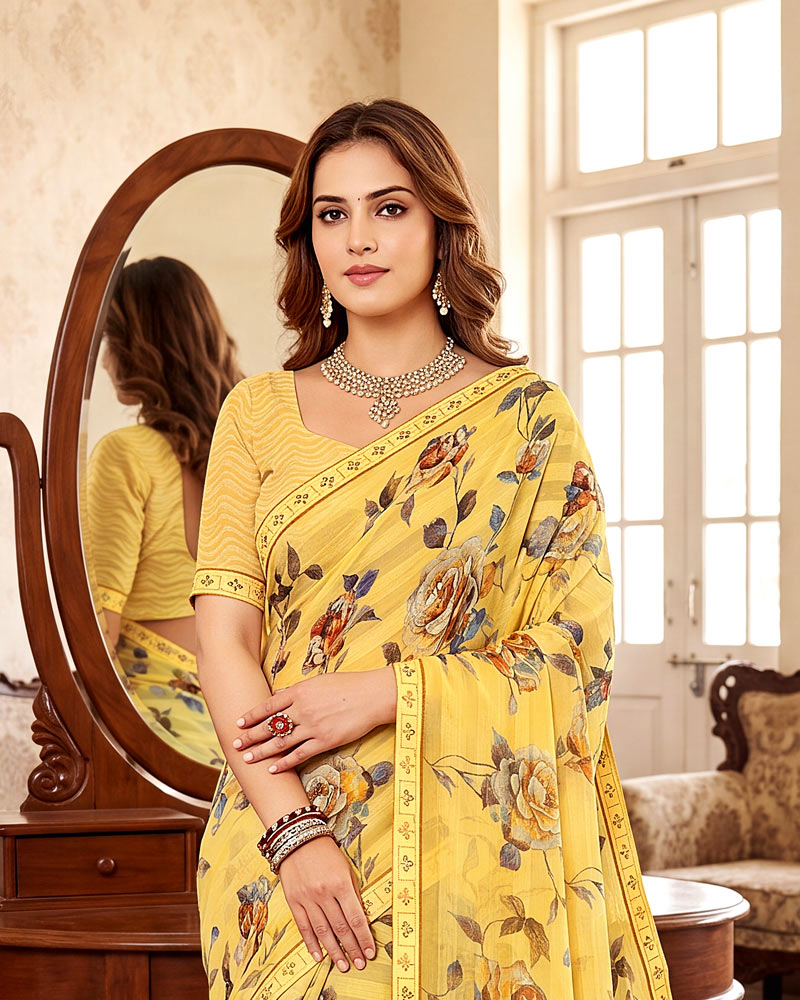 Vishal Prints Straw Yellow Digital Print Chiffon Saree With Fancy Border