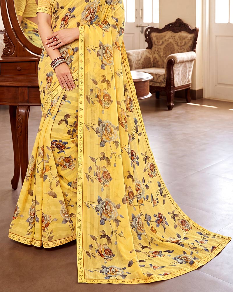 Vishal Prints Straw Yellow Digital Print Chiffon Saree With Fancy Border