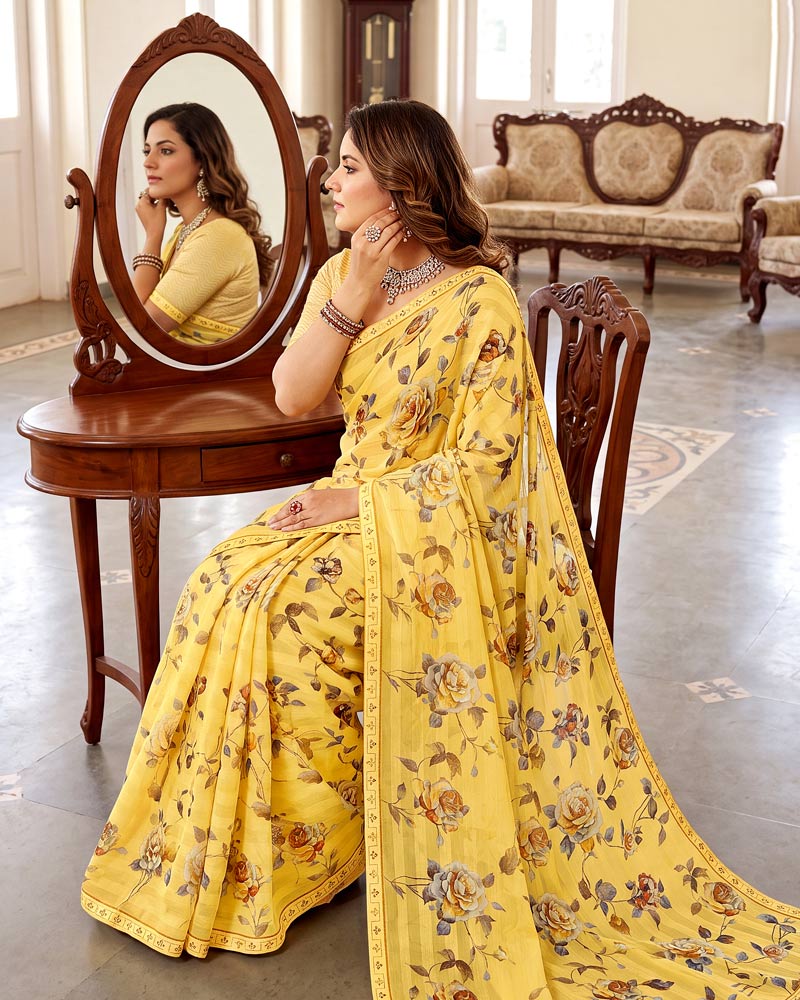 Vishal Prints Straw Yellow Digital Print Chiffon Saree With Fancy Border