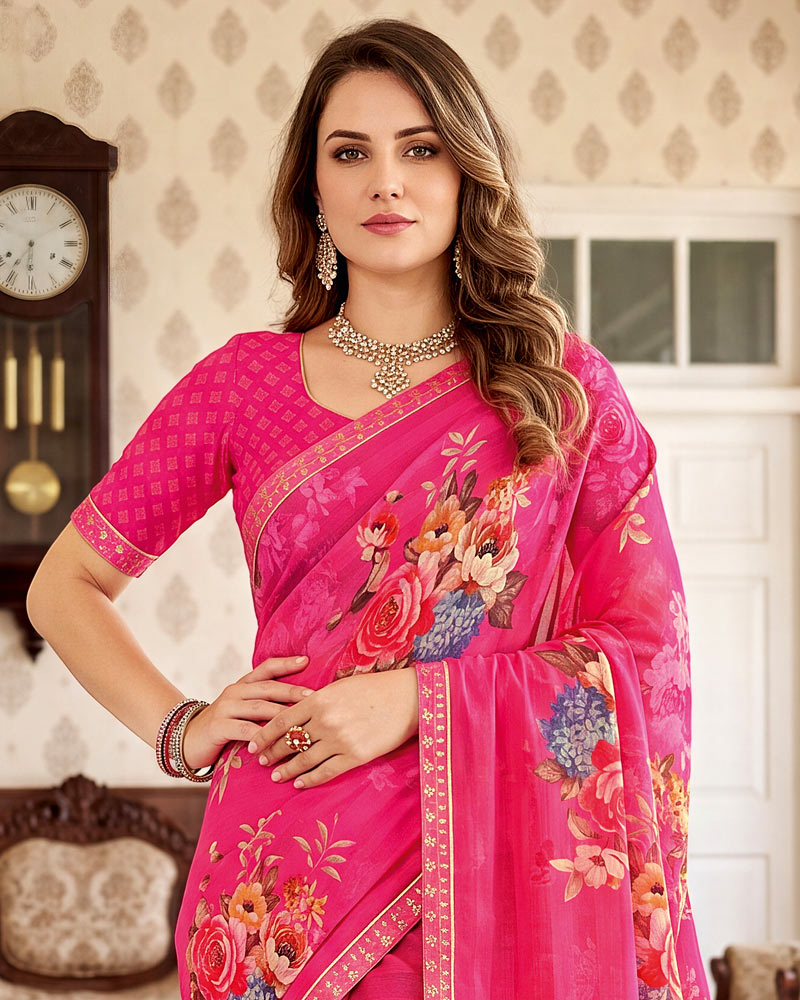Vishal Prints Raspberry Pink Digital Print Chiffon Saree With Fancy Border