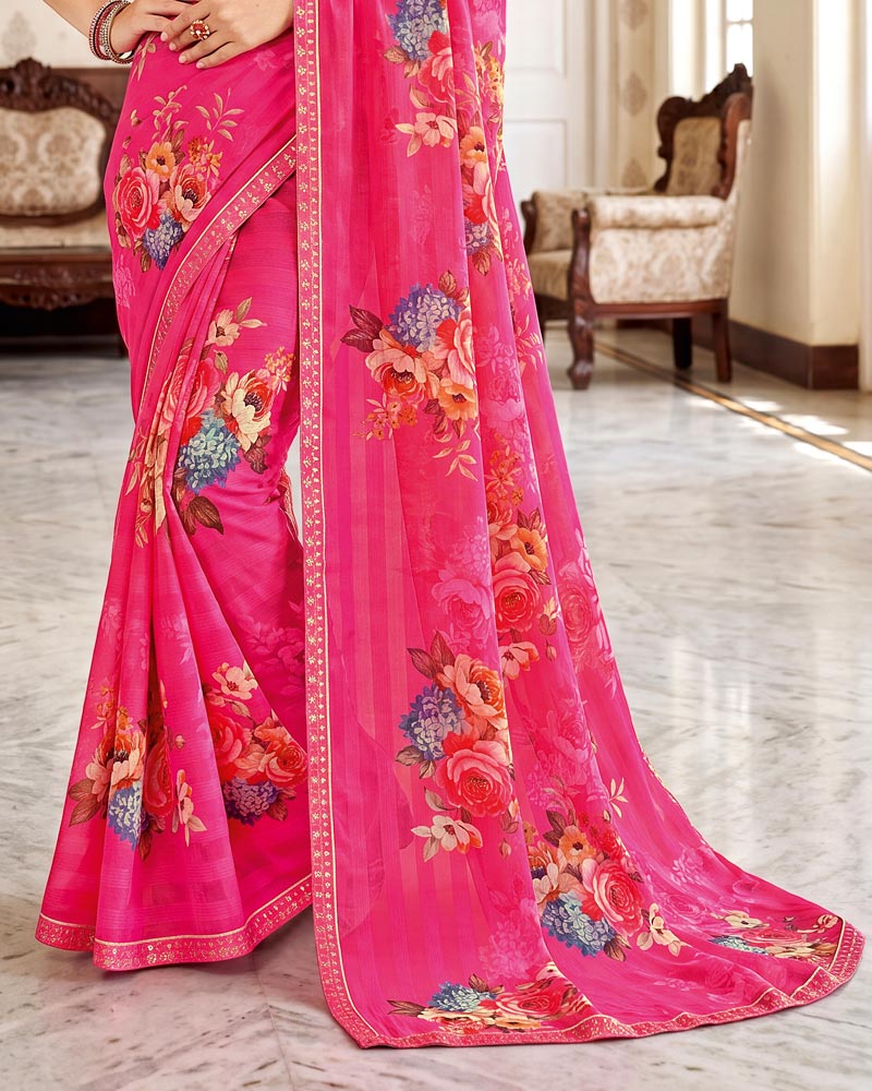 Vishal Prints Raspberry Pink Digital Print Chiffon Saree With Fancy Border
