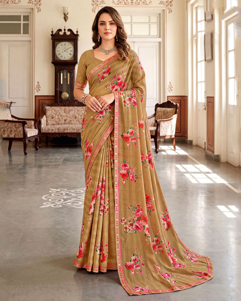 Vishal Prints Sand Brown Digital Print Chiffon Saree With Fancy Border