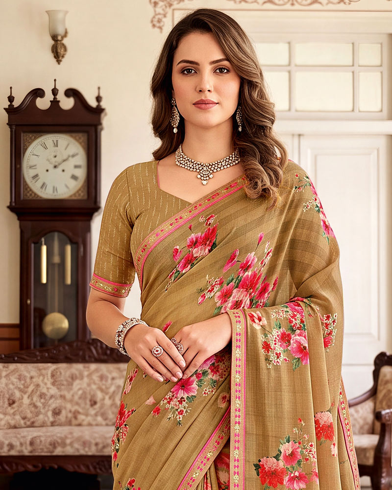 Vishal Prints Sand Brown Digital Print Chiffon Saree With Fancy Border