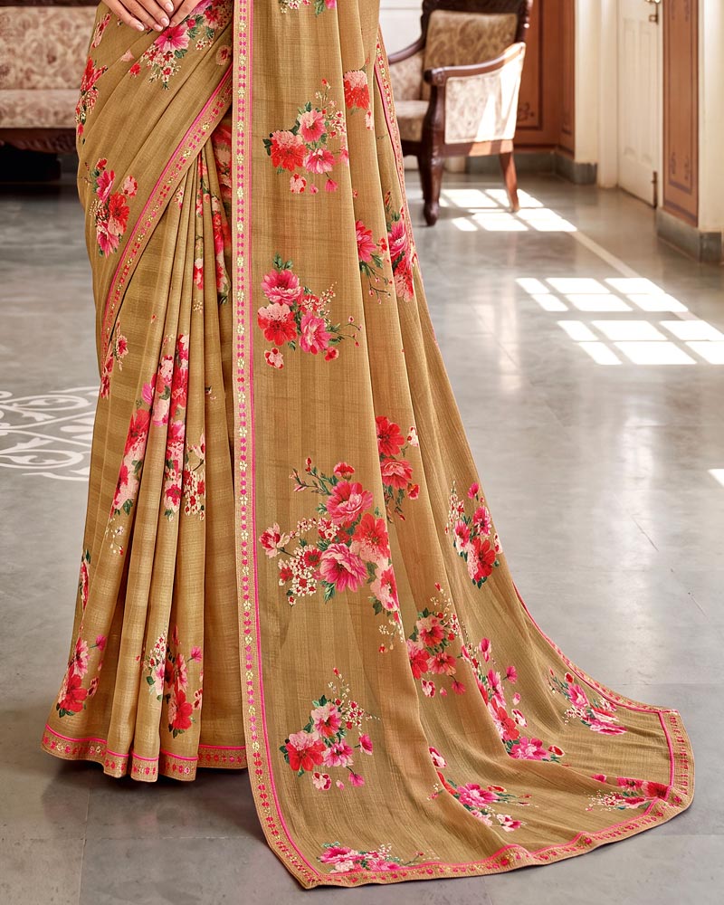 Vishal Prints Sand Brown Digital Print Chiffon Saree With Fancy Border
