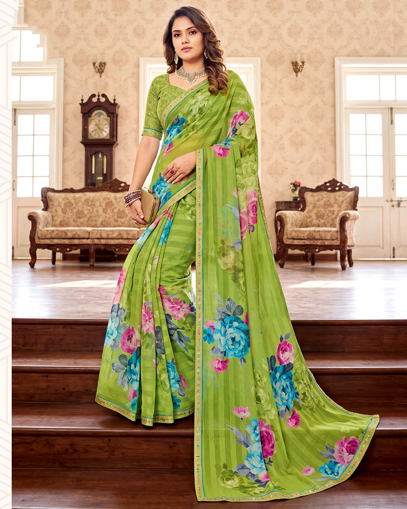Vishal Prints Avocado Green Digital Print Chiffon Saree With Fancy Border