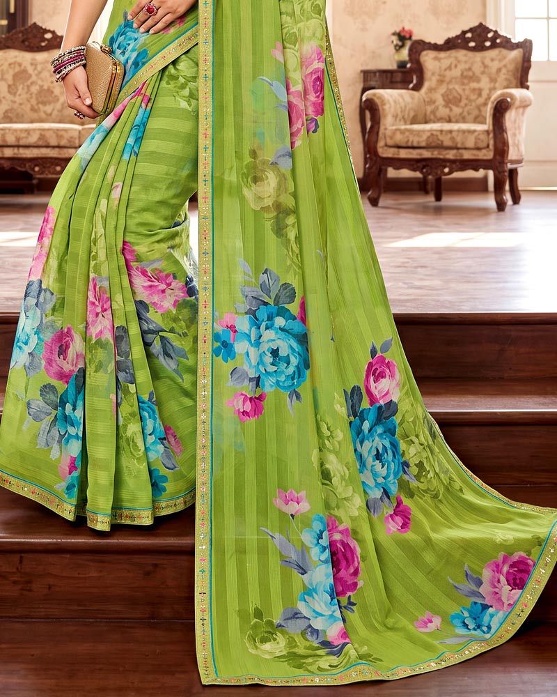 Vishal Prints Avocado Green Digital Print Chiffon Saree With Fancy Border
