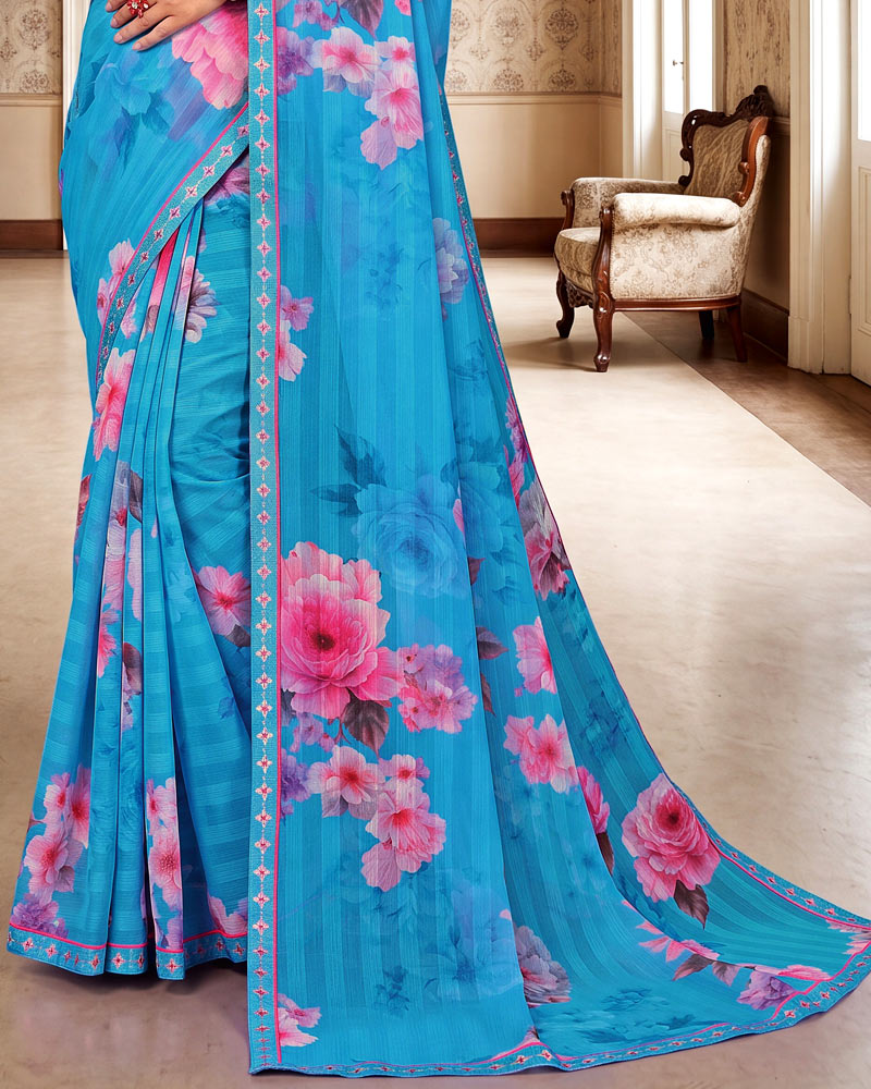 Vishal Prints Dark Sky Blue Digital Print Chiffon Saree With Fancy Border