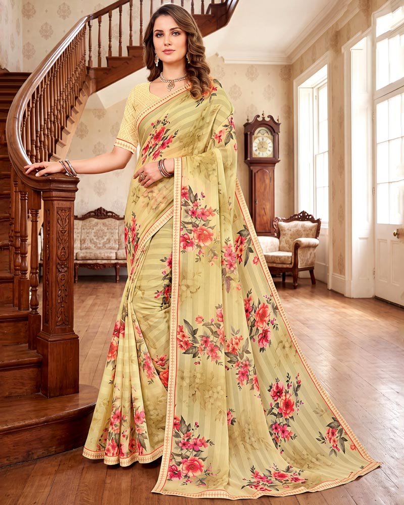 Vishal Prints Light Yellow-Brown Digital Print Chiffon Saree With Fancy Border